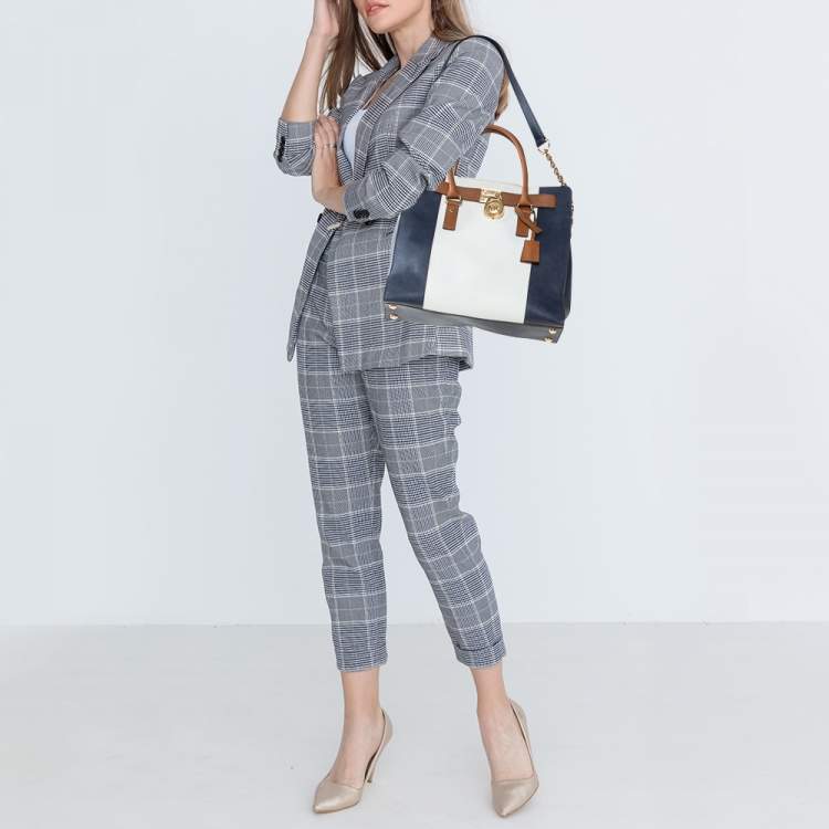 Pre Owned MICHAEL Michael Kors Blue/White Leather Large Hamilton North South Tote