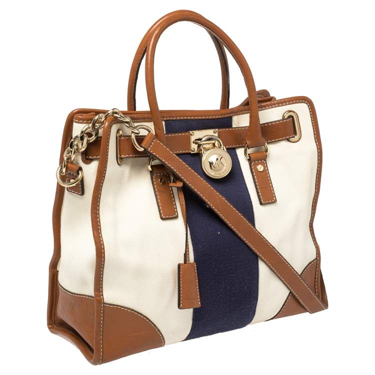 Pre Owned MICHAEL Michael Kors Multicolor Color Leather and Canvas Large Hamilton Tote