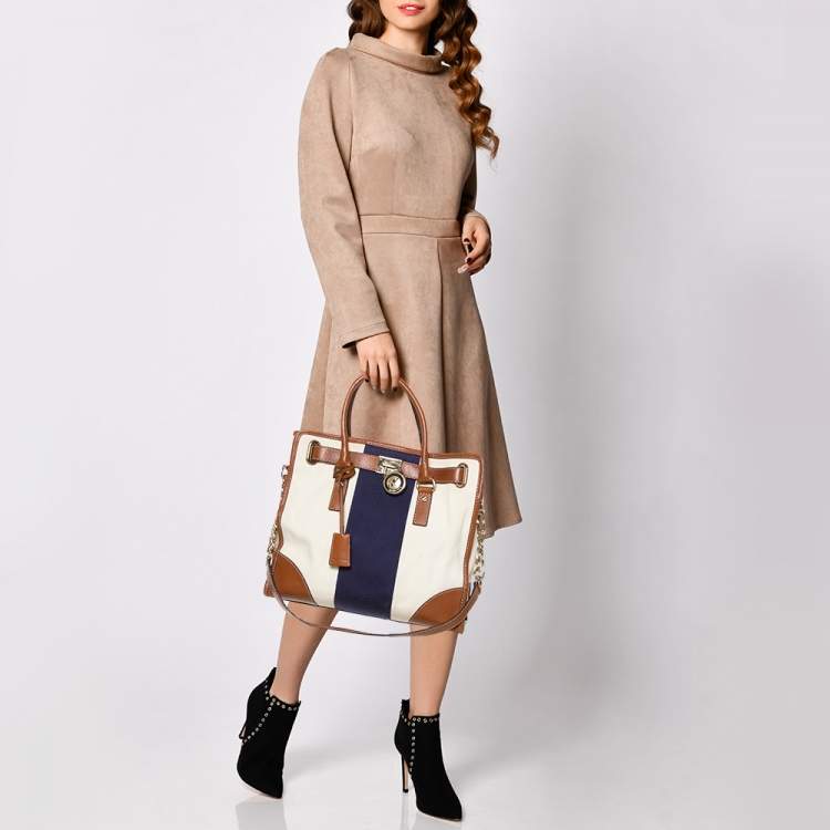 Pre Owned MICHAEL Michael Kors Multicolor Color Leather and Canvas Large Hamilton Tote