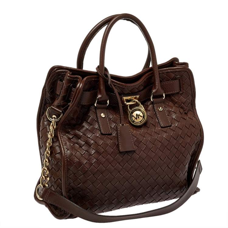 Pre Owned MICHAEL Michael Kors Dark Brown Woven Leather Large Hamilton North South Tote