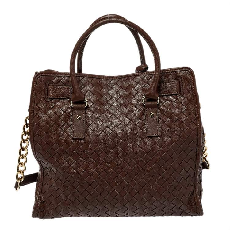 Pre Owned MICHAEL Michael Kors Dark Brown Woven Leather Large Hamilton North South Tote