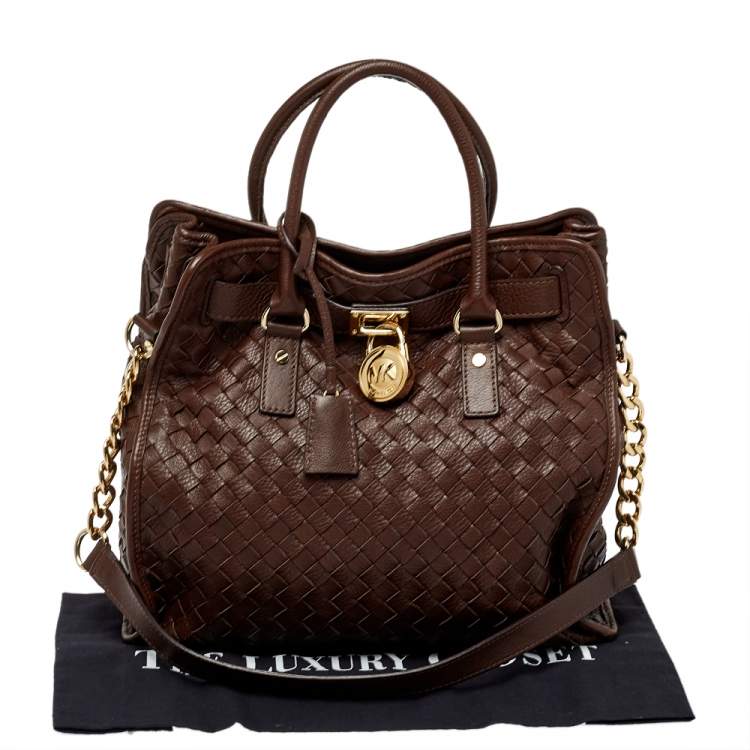 Pre Owned MICHAEL Michael Kors Dark Brown Woven Leather Large Hamilton North South Tote