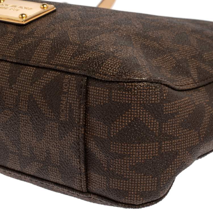 Pre Owned MICHAEL Michael Kors Brown Signature Coated Canvas and Leather Jet Set Travel Messenger Bag