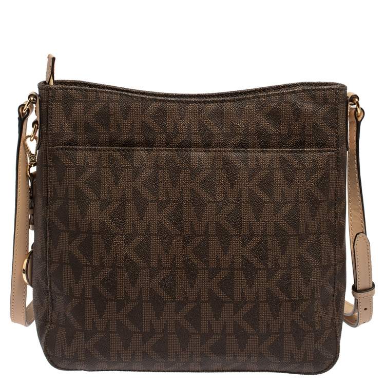 Pre Owned MICHAEL Michael Kors Brown Signature Coated Canvas and Leather Jet Set Travel Messenger Bag