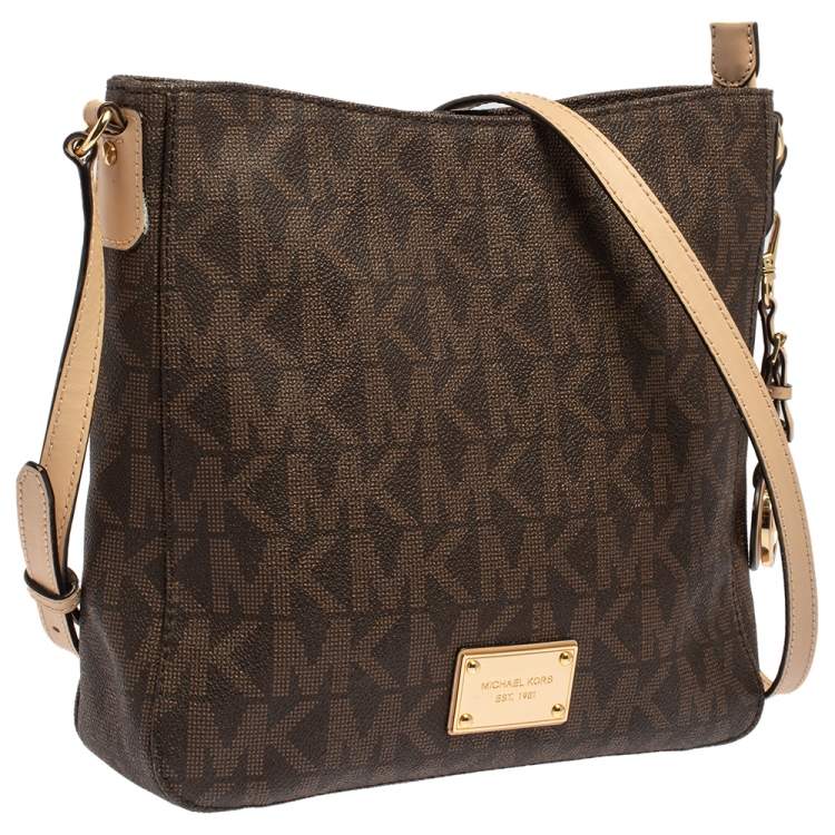 Pre Owned MICHAEL Michael Kors Brown Signature Coated Canvas and Leather Jet Set Travel Messenger Bag