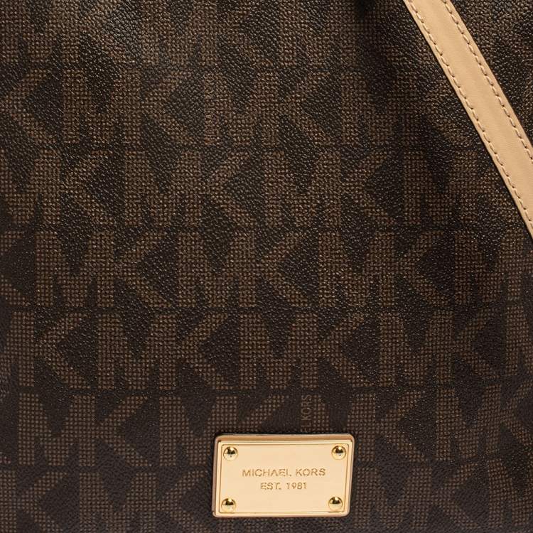 Pre Owned MICHAEL Michael Kors Brown Signature Coated Canvas and Leather Jet Set Travel Messenger Bag