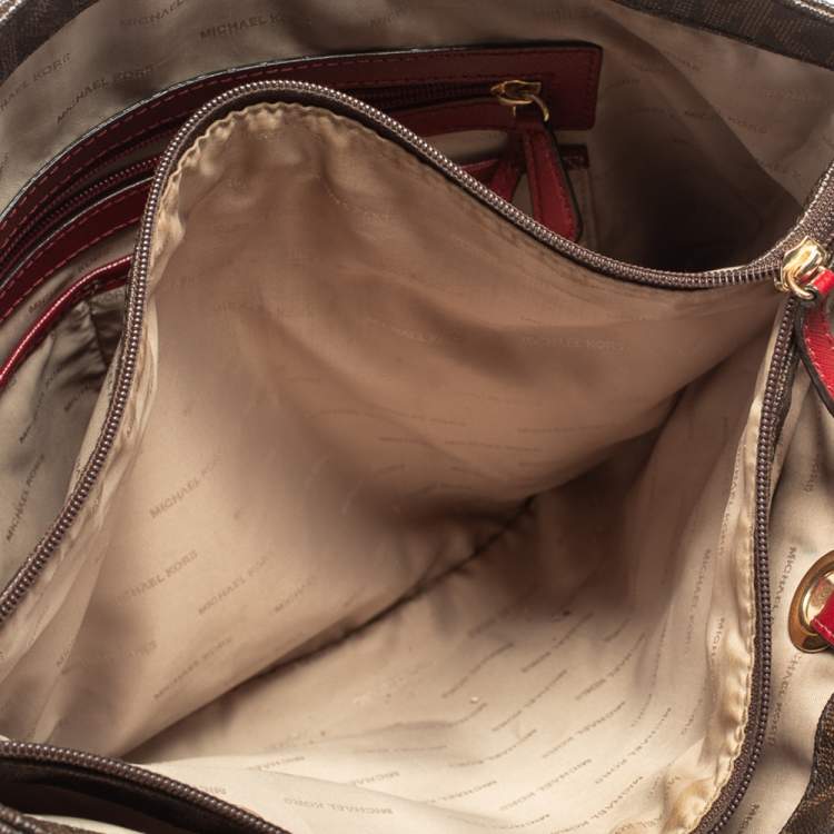 Pre Owned MICHAEL Michael Kors Brown/Red Signature Coated Canvas and Leather Jet Set Tote