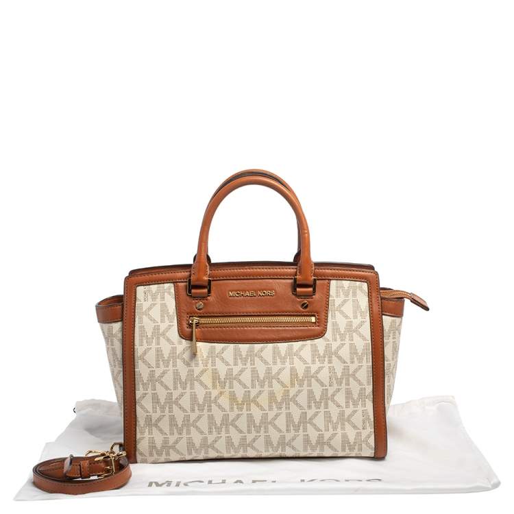 Pre Owned MICHAEL Michael Kors White/Brown Signature Coated Canvas and Leather Large Selma Tote