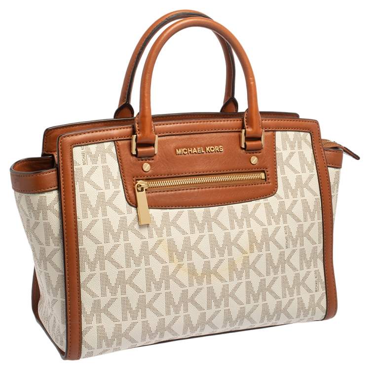 Pre Owned MICHAEL Michael Kors White/Brown Signature Coated Canvas and Leather Large Selma Tote