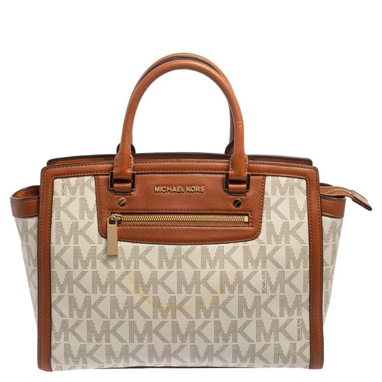 Michael Kors White/Brown Signature Coated Canvas and Leather Large