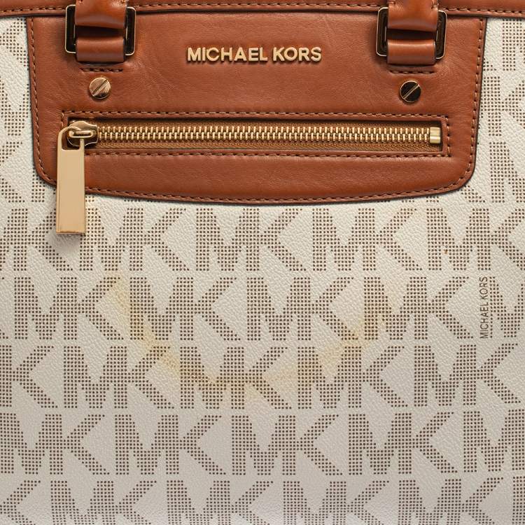 Pre Owned MICHAEL Michael Kors White/Brown Signature Coated Canvas and Leather Large Selma Tote