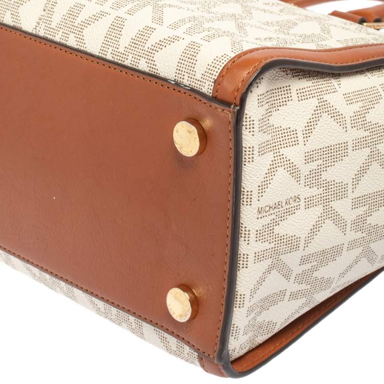 Pre Owned MICHAEL Michael Kors White/Brown Signature Coated Canvas and Leather Large Selma Tote