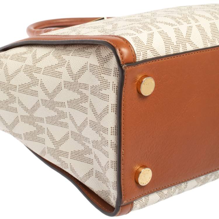 Pre Owned MICHAEL Michael Kors White/Brown Signature Coated Canvas and Leather Large Selma Tote