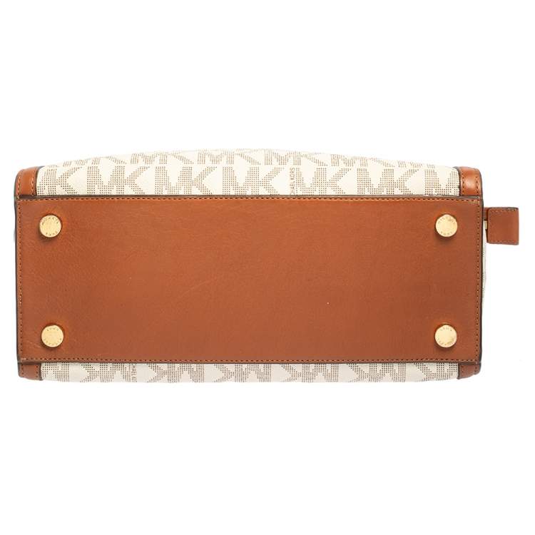 Pre Owned MICHAEL Michael Kors White/Brown Signature Coated Canvas and Leather Large Selma Tote