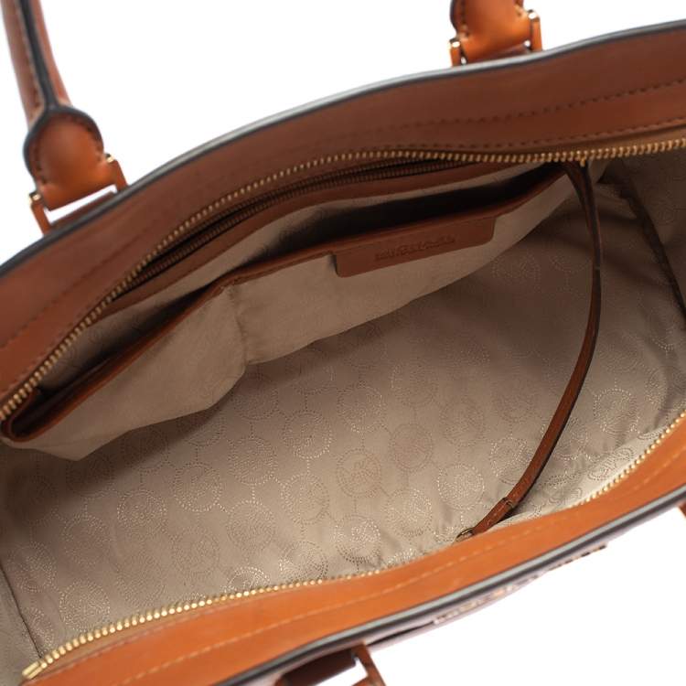 Pre Owned MICHAEL Michael Kors White/Brown Signature Coated Canvas and Leather Large Selma Tote
