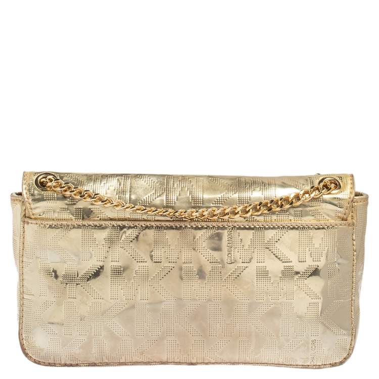 Pre Owned MICHAEL Michael Kors Metallic Gold Signature Leather Jet Set Shoulder Bag