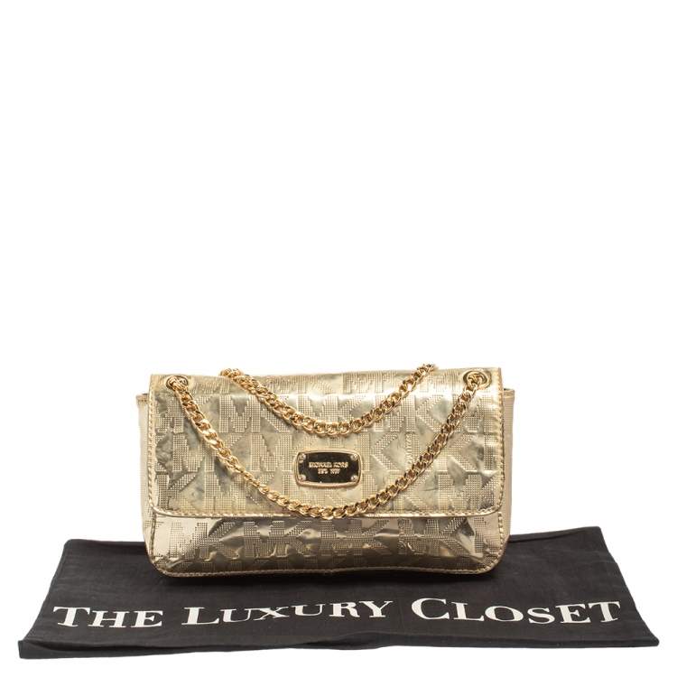 Pre Owned MICHAEL Michael Kors Metallic Gold Signature Leather Jet Set Shoulder Bag