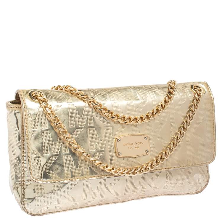 Pre Owned MICHAEL Michael Kors Metallic Gold Signature Leather Jet Set Shoulder Bag