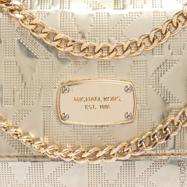 Pre Owned MICHAEL Michael Kors Metallic Gold Signature Leather Jet Set Shoulder Bag