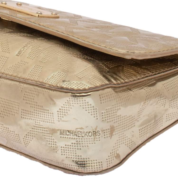 Pre Owned MICHAEL Michael Kors Metallic Gold Signature Leather Jet Set Shoulder Bag