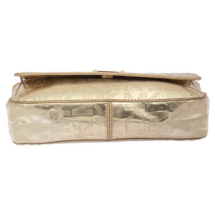Pre Owned MICHAEL Michael Kors Metallic Gold Signature Leather Jet Set Shoulder Bag