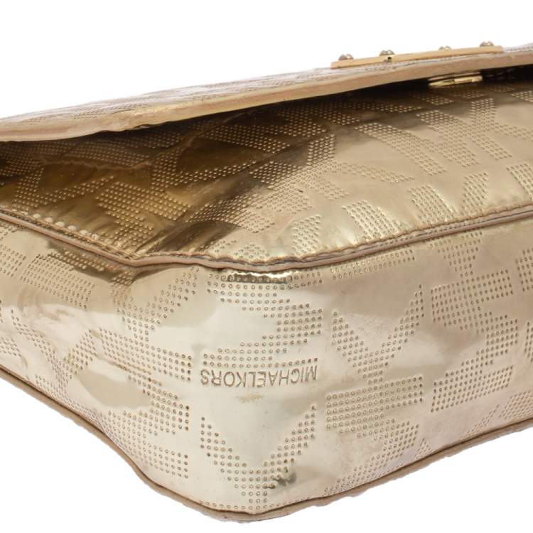 Pre Owned MICHAEL Michael Kors Metallic Gold Signature Leather Jet Set Shoulder Bag