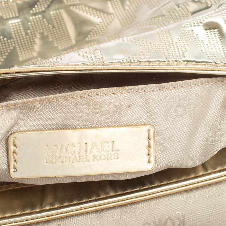 Pre Owned MICHAEL Michael Kors Metallic Gold Signature Leather Jet Set Shoulder Bag