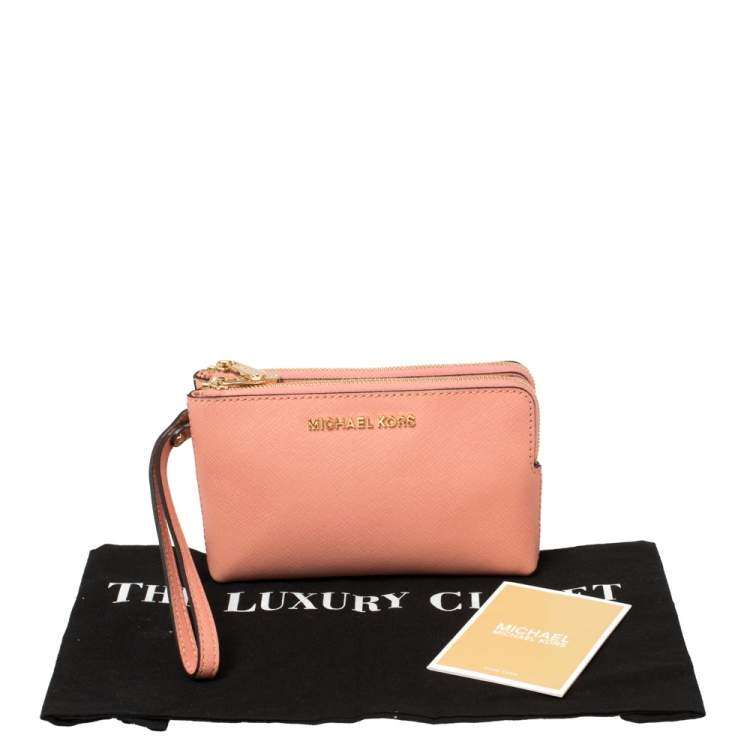 Pre Owned MICHAEL Michael Kors Pink Saffiano Leather Jet Set Double Gusset Wristlet Clutch