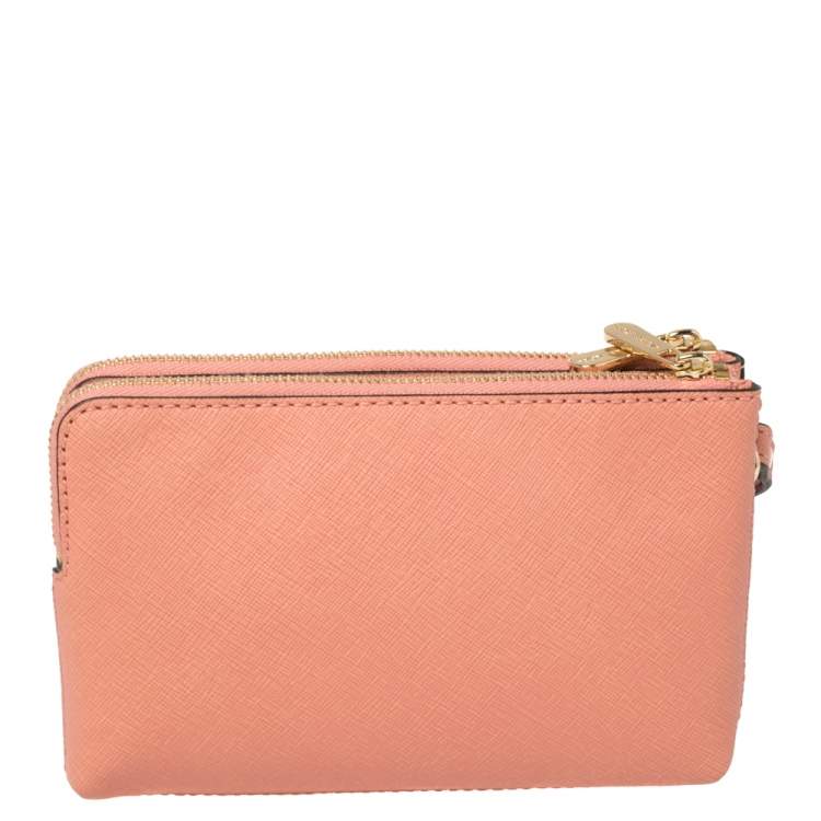 Pre Owned MICHAEL Michael Kors Pink Saffiano Leather Jet Set Double Gusset Wristlet Clutch