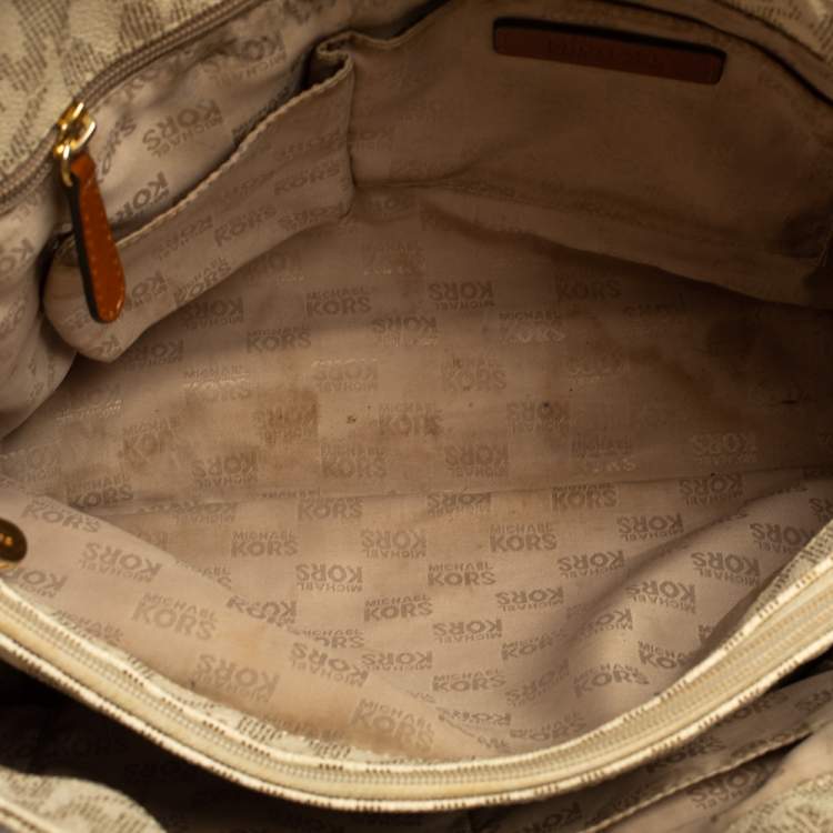 Pre Owned MICHAEL Michael Kors Cream Monogram Coated Canvas Double Handle Tote