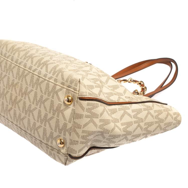 Pre Owned MICHAEL Michael Kors Cream Monogram Coated Canvas Double Handle Tote
