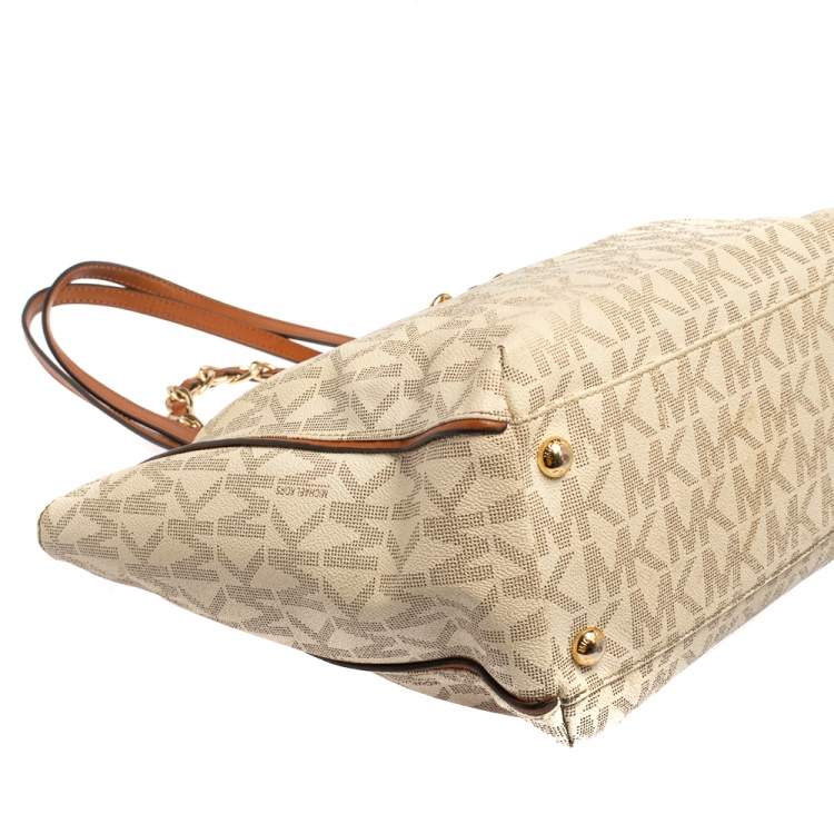 Pre Owned MICHAEL Michael Kors Cream Monogram Coated Canvas Double Handle Tote