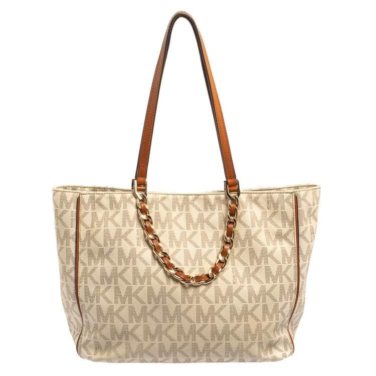 Pre Owned MICHAEL Michael Kors Cream Monogram Coated Canvas Double Handle Tote
