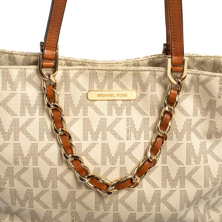 Pre Owned MICHAEL Michael Kors Cream Monogram Coated Canvas Double Handle Tote