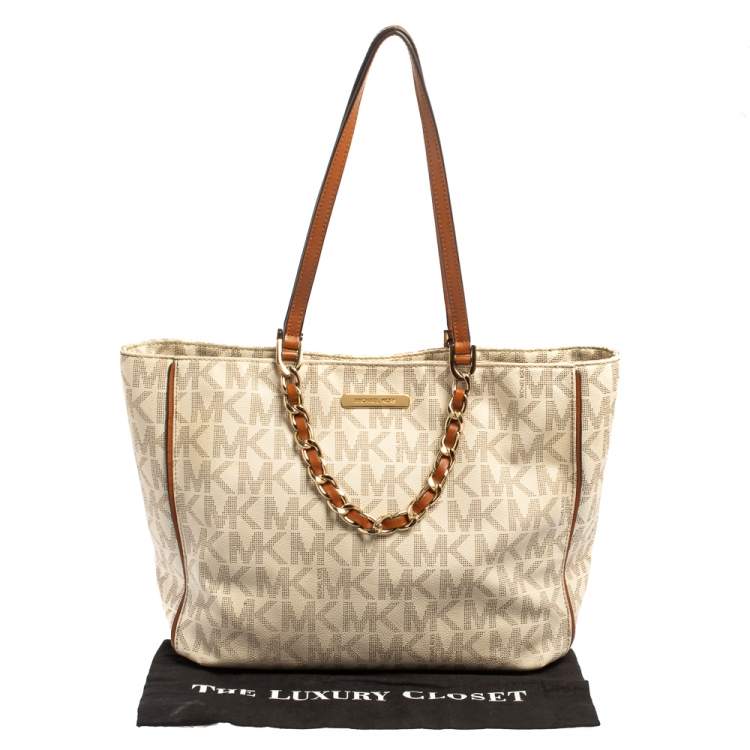 Pre Owned MICHAEL Michael Kors Cream Monogram Coated Canvas Double Handle Tote