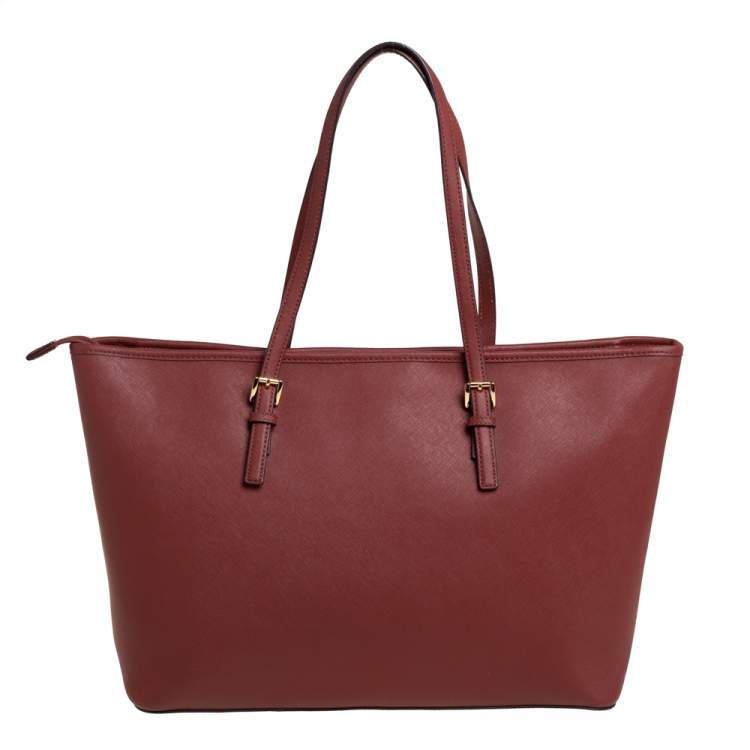 Pre Owned MICHAEL Michael Kors Dark Red Saffiano Leather Jet Set Travel Tote