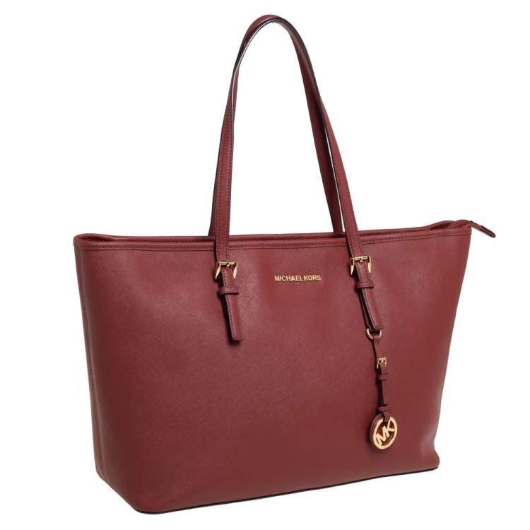 Pre Owned MICHAEL Michael Kors Dark Red Saffiano Leather Jet Set Travel Tote