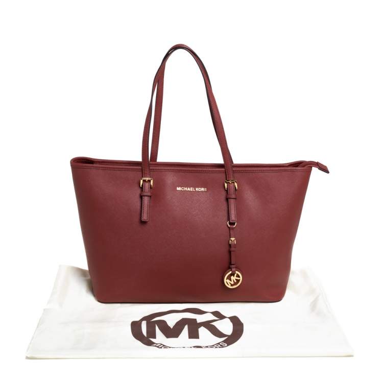 Pre Owned MICHAEL Michael Kors Dark Red Saffiano Leather Jet Set Travel Tote