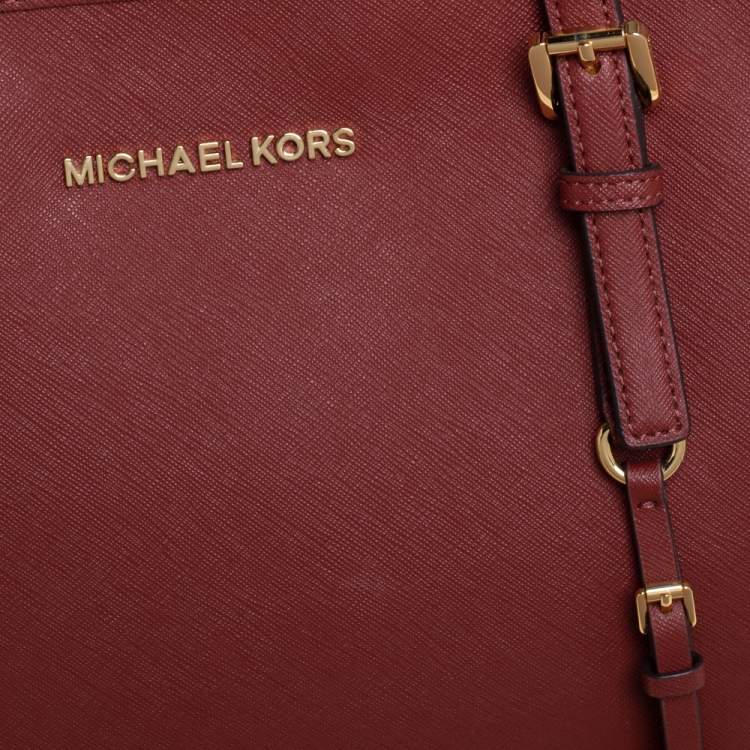 Pre Owned MICHAEL Michael Kors Dark Red Saffiano Leather Jet Set Travel Tote