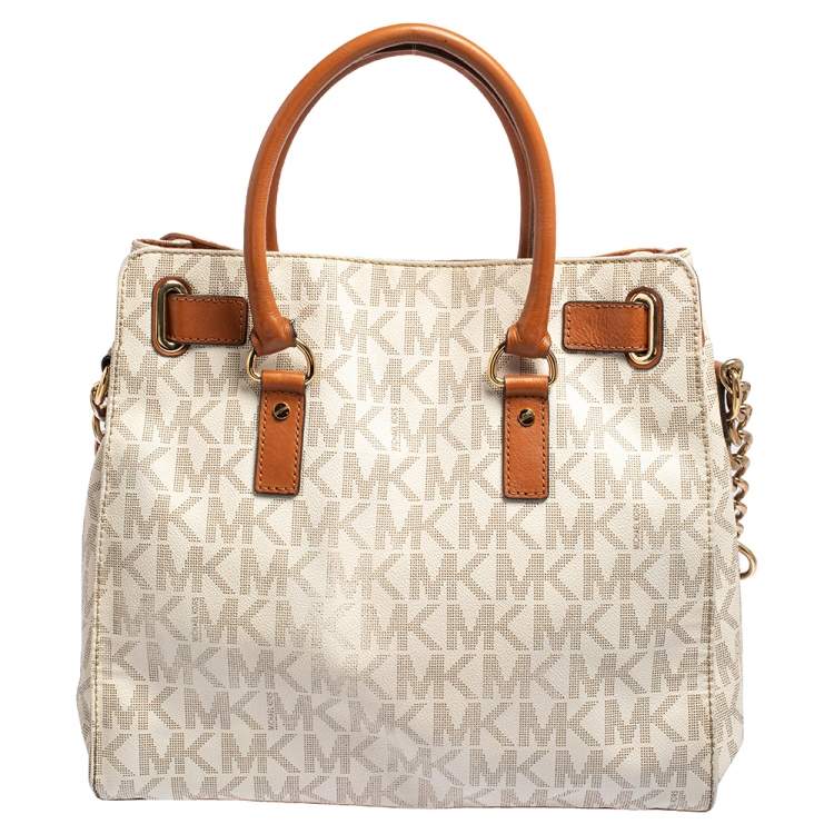 Pre Owned MICHAEL Michael Kors White Signature Coated Canvas and Leather Large Hamilton North South Tote