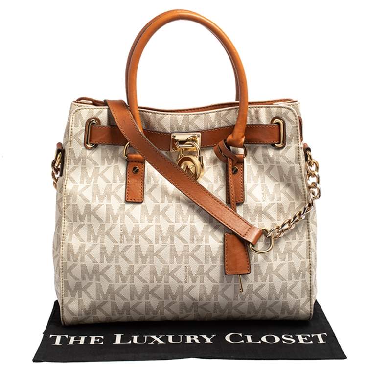 Pre Owned MICHAEL Michael Kors White Signature Coated Canvas and Leather Large Hamilton North South Tote