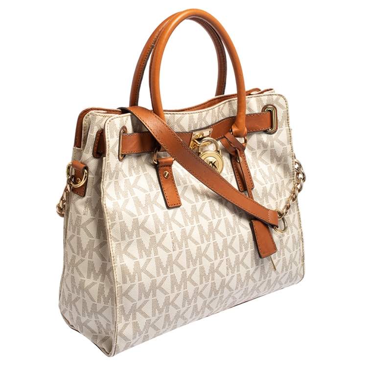 Pre Owned MICHAEL Michael Kors White Signature Coated Canvas and Leather Large Hamilton North South Tote