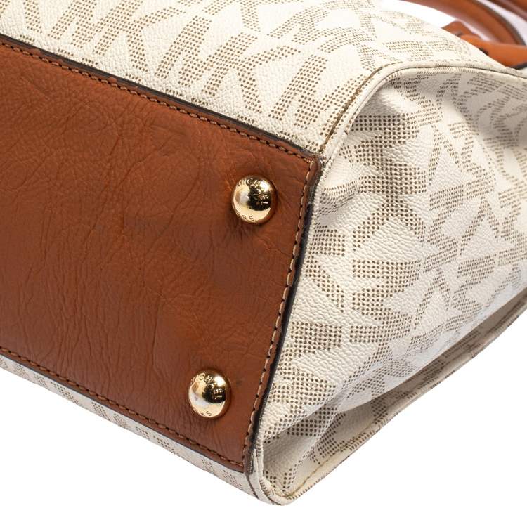 Pre Owned MICHAEL Michael Kors White Signature Coated Canvas and Leather Large Hamilton North South Tote