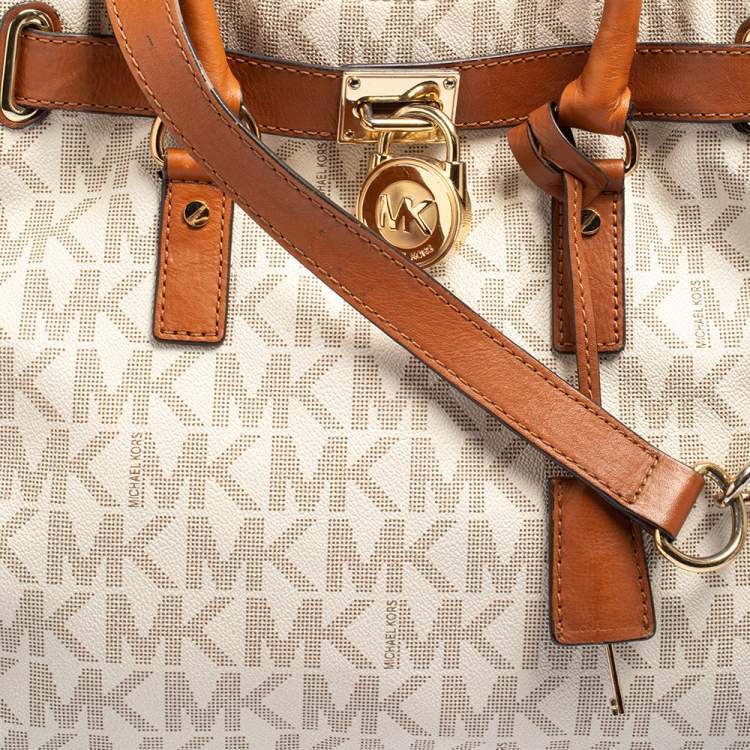 Pre Owned MICHAEL Michael Kors White Signature Coated Canvas and Leather Large Hamilton North South Tote
