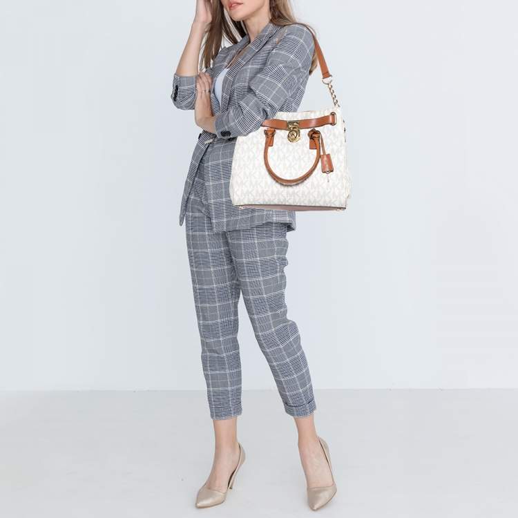 Pre Owned MICHAEL Michael Kors White Signature Coated Canvas and Leather Large Hamilton North South Tote