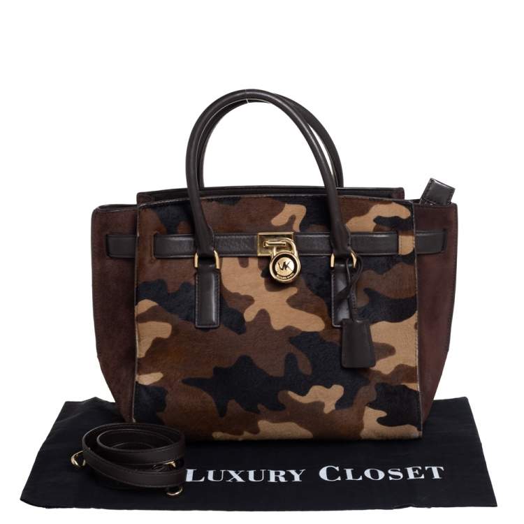 Pre Owned MICHAEL Michael Kors Brown Camouflage Calfhair,Suede and Leather Hamilton Tote 