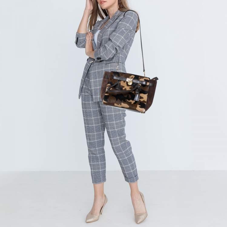 Pre Owned MICHAEL Michael Kors Brown Camouflage Calfhair,Suede and Leather Hamilton Tote 