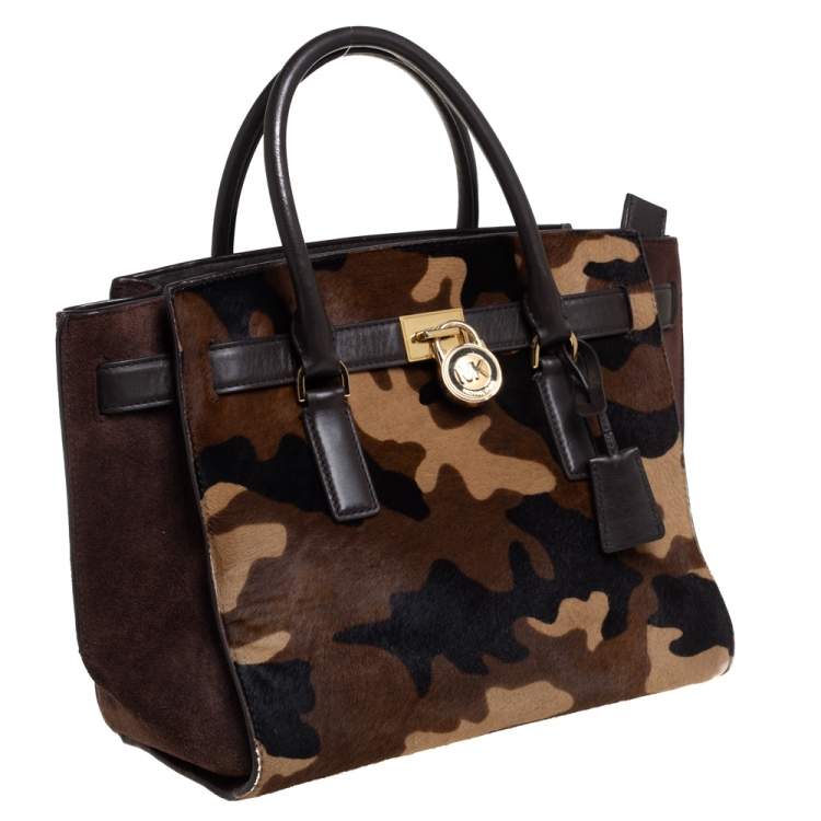 Pre Owned MICHAEL Michael Kors Brown Camouflage Calfhair,Suede and Leather Hamilton Tote 