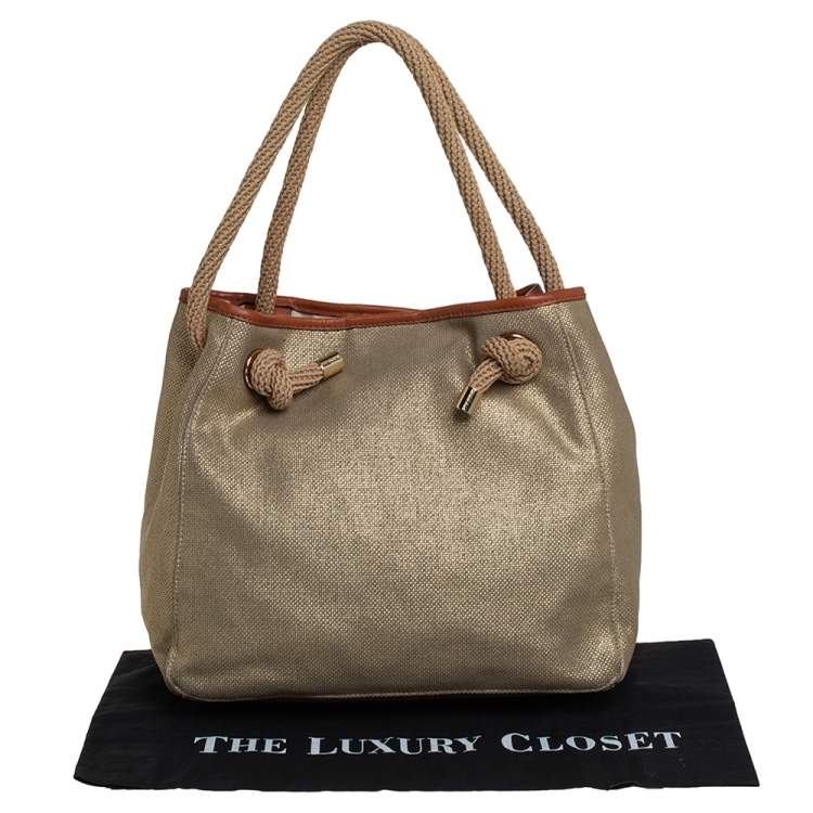 Pre Owned MICHAEL Michael Kors Metallic Beige/Brown Canvas and Leather Large Isla Tote