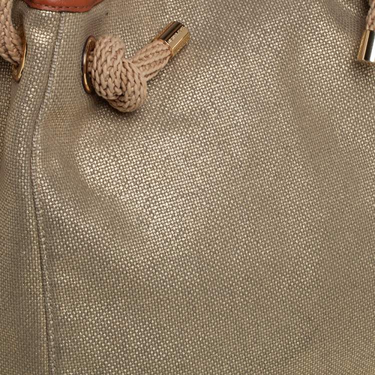Pre Owned MICHAEL Michael Kors Metallic Beige/Brown Canvas and Leather Large Isla Tote